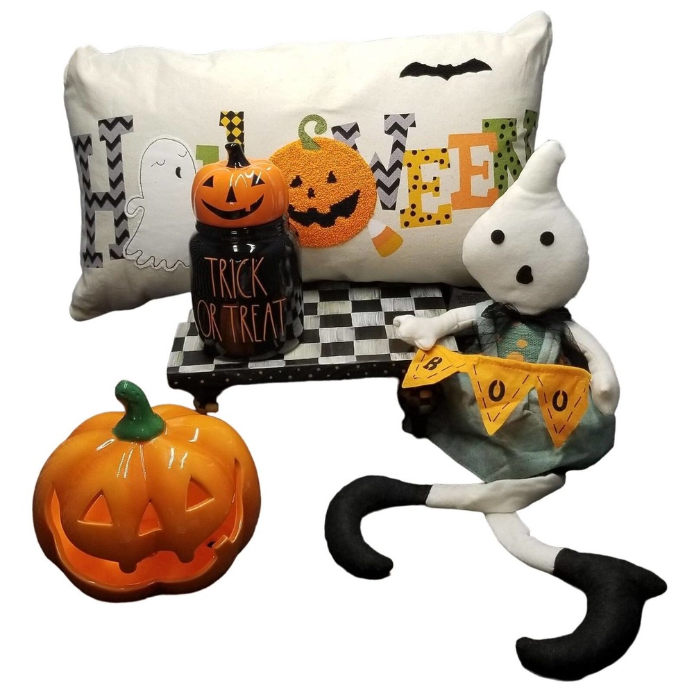 Rae Dunn "Trick Or Treat" Pumpkin Canister, Led Pumpkin, Plush Ghost, Pillow Set